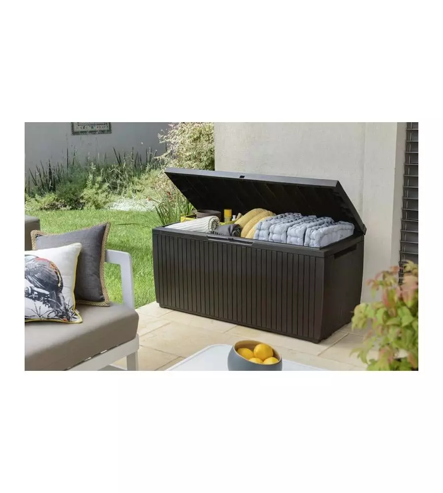 Baule da esterno keter "springwood" in resina marrone effetto legno 305 lt 123x54x57 cm